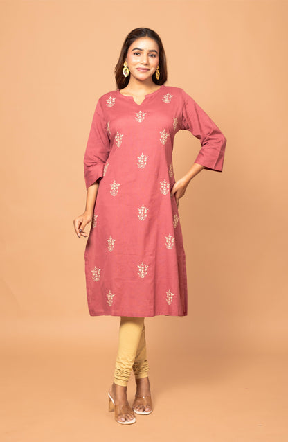 Rust Cotton Hand Embroidered Slim Fit Kurti