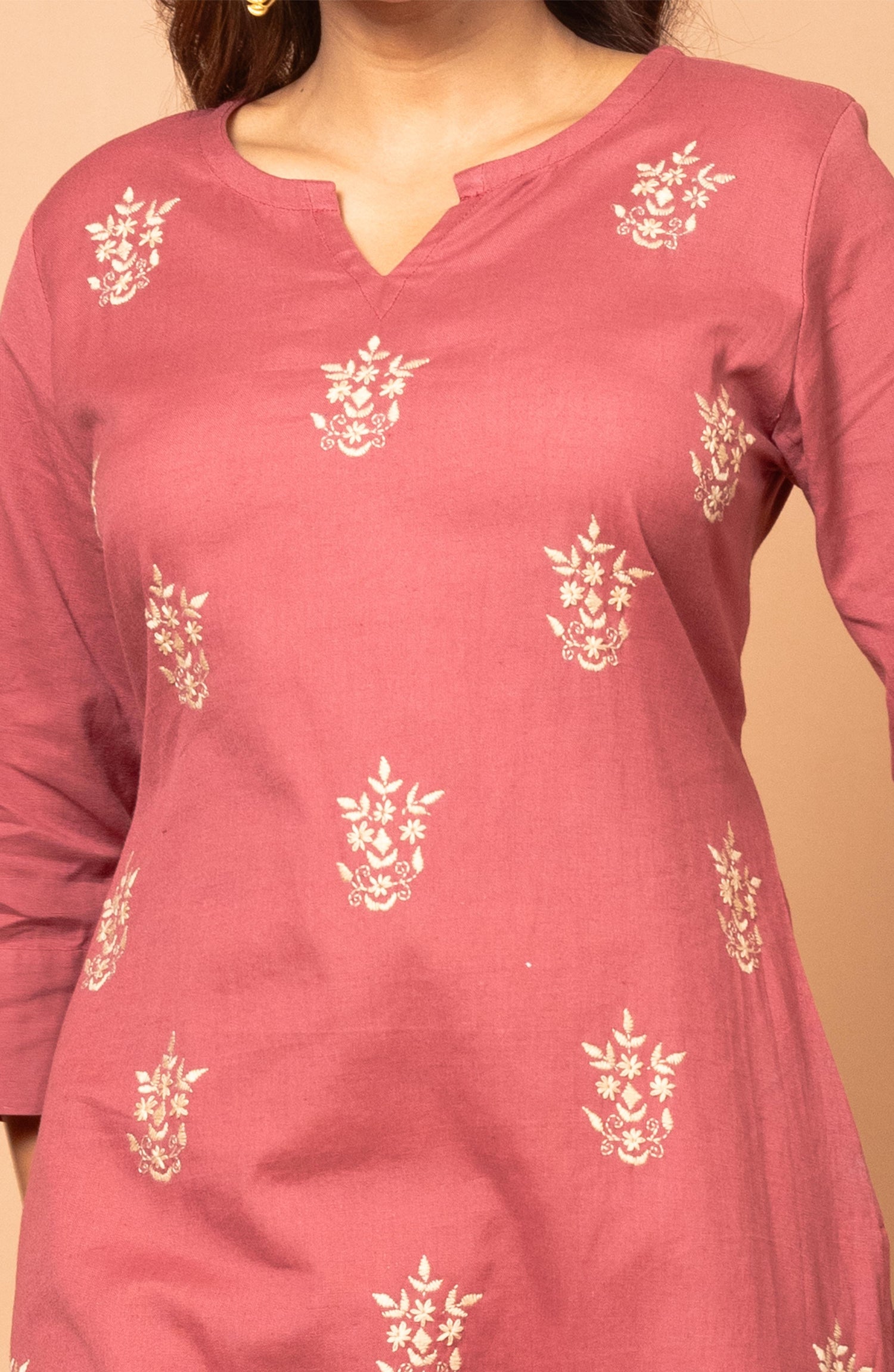 Rust Cotton Hand Embroidered Slim Fit Kurti