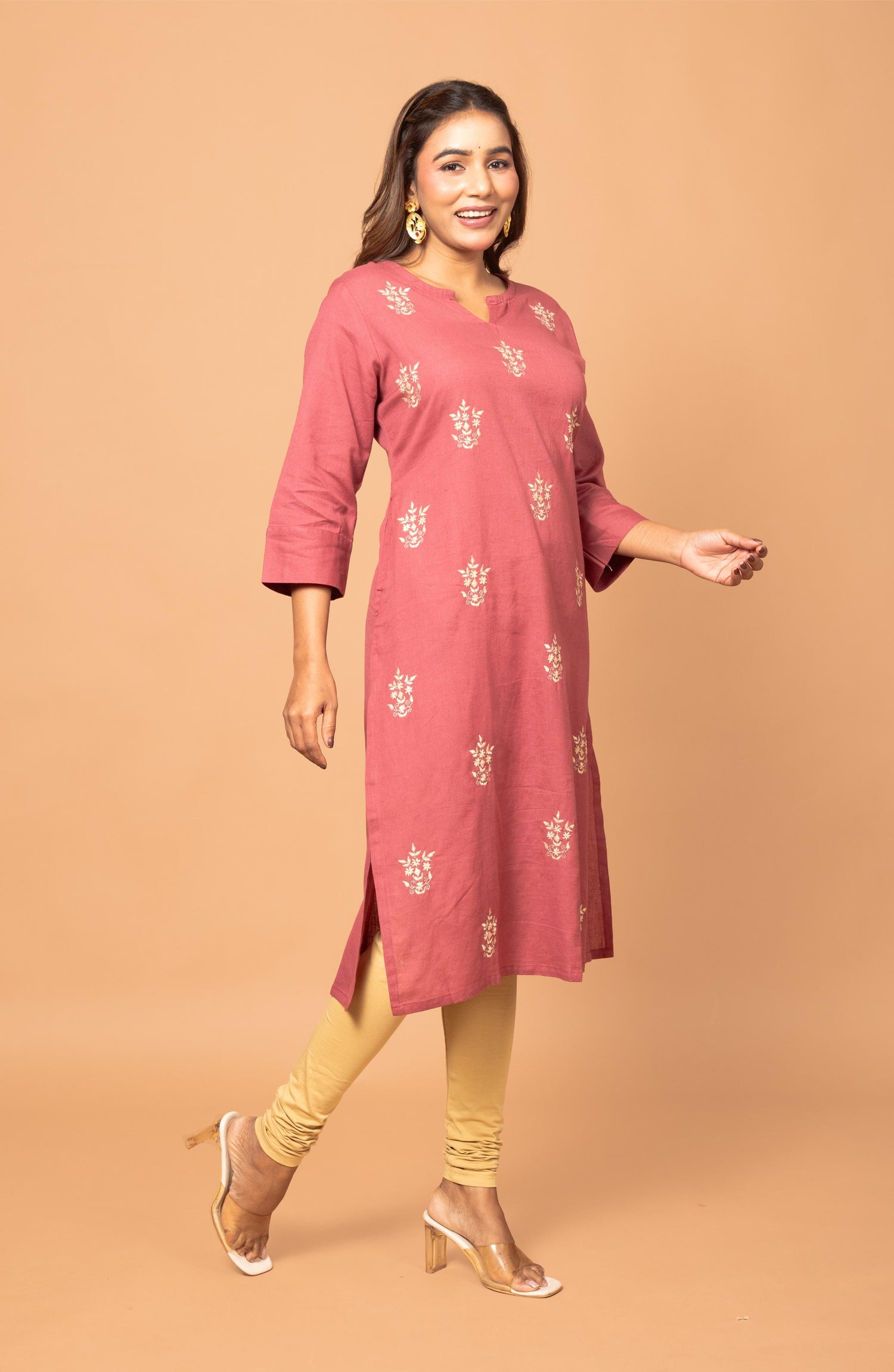 Rust Cotton Hand Embroidered Slim Fit Kurti
