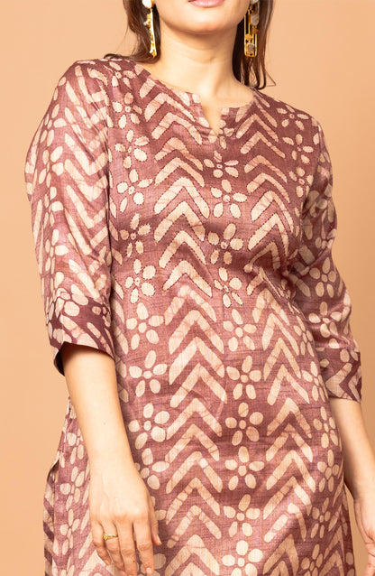 Burgundy Block Cotton Hand Embroidered Slim Fit Kurti