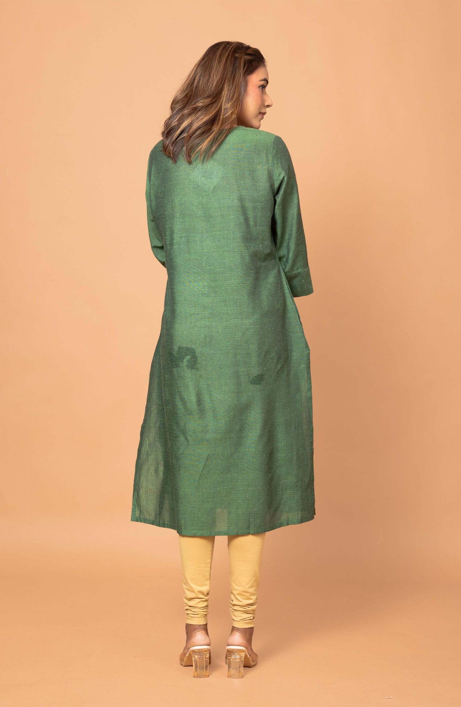 Green Cotton Hand Embroidered Slim Fit Kurti