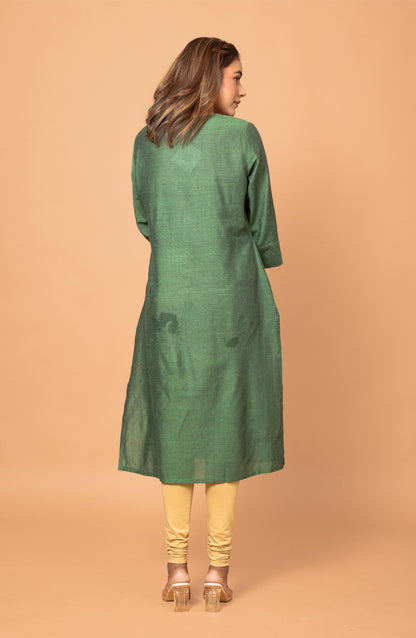 Green Cotton Hand Embroidered Slim Fit Kurti