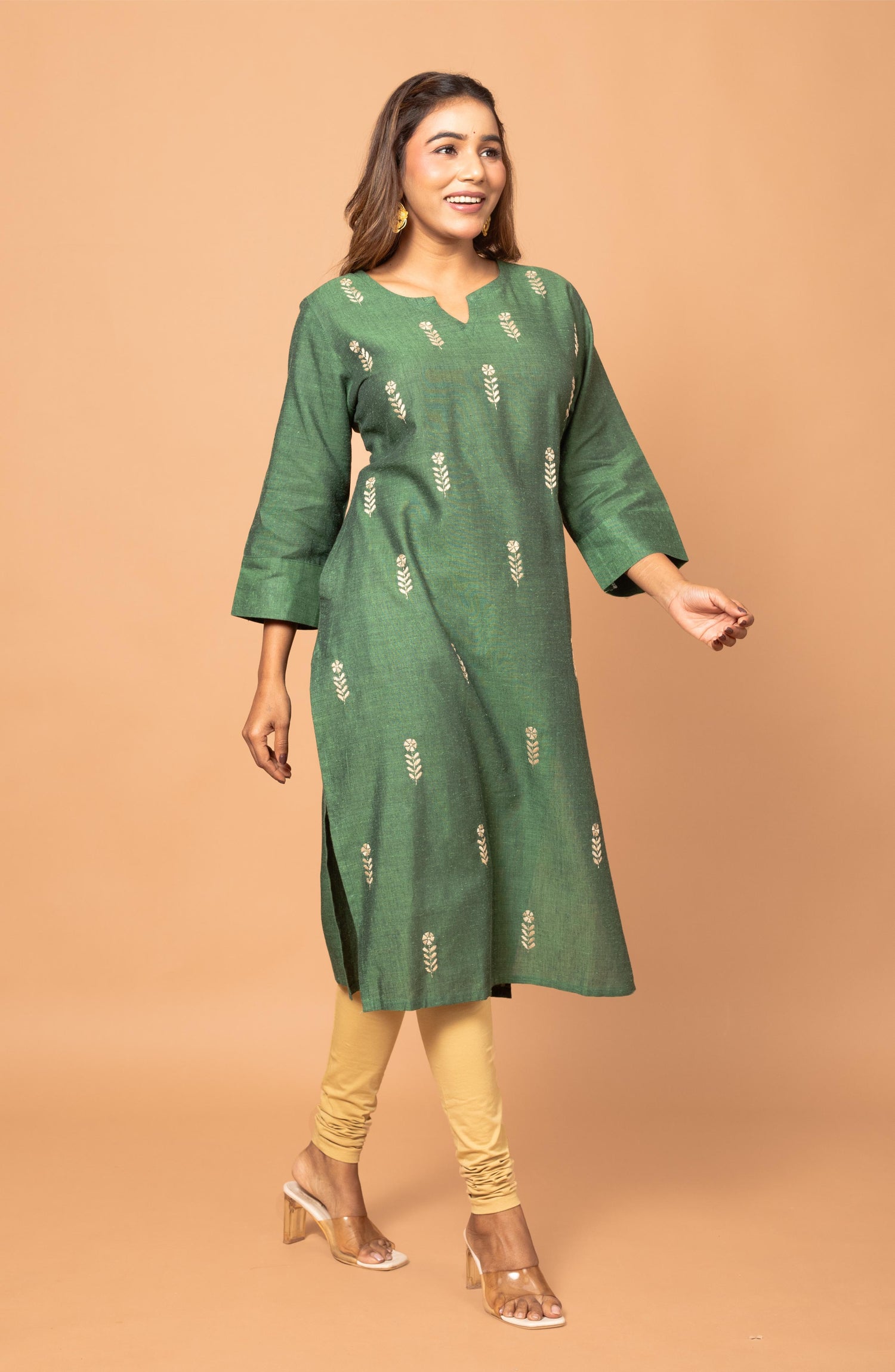 Green Cotton Hand Embroidered Slim Fit Kurti