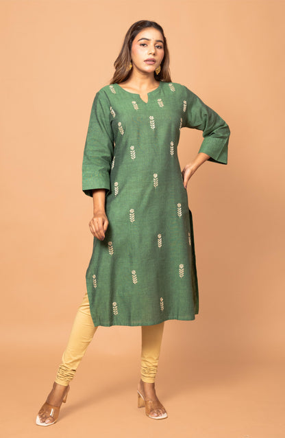 Green Cotton Hand Embroidered Slim Fit Kurti