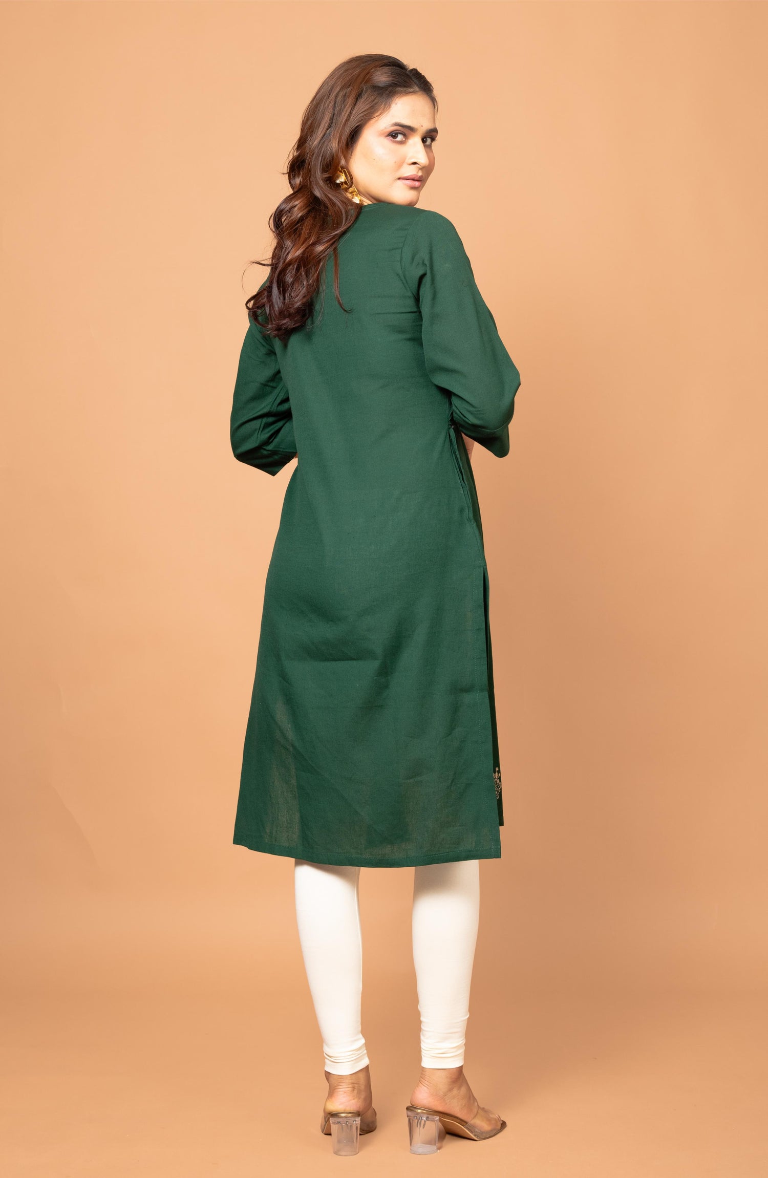 Forest Green Cotton Hand Embroidered Slim Fit Kurti