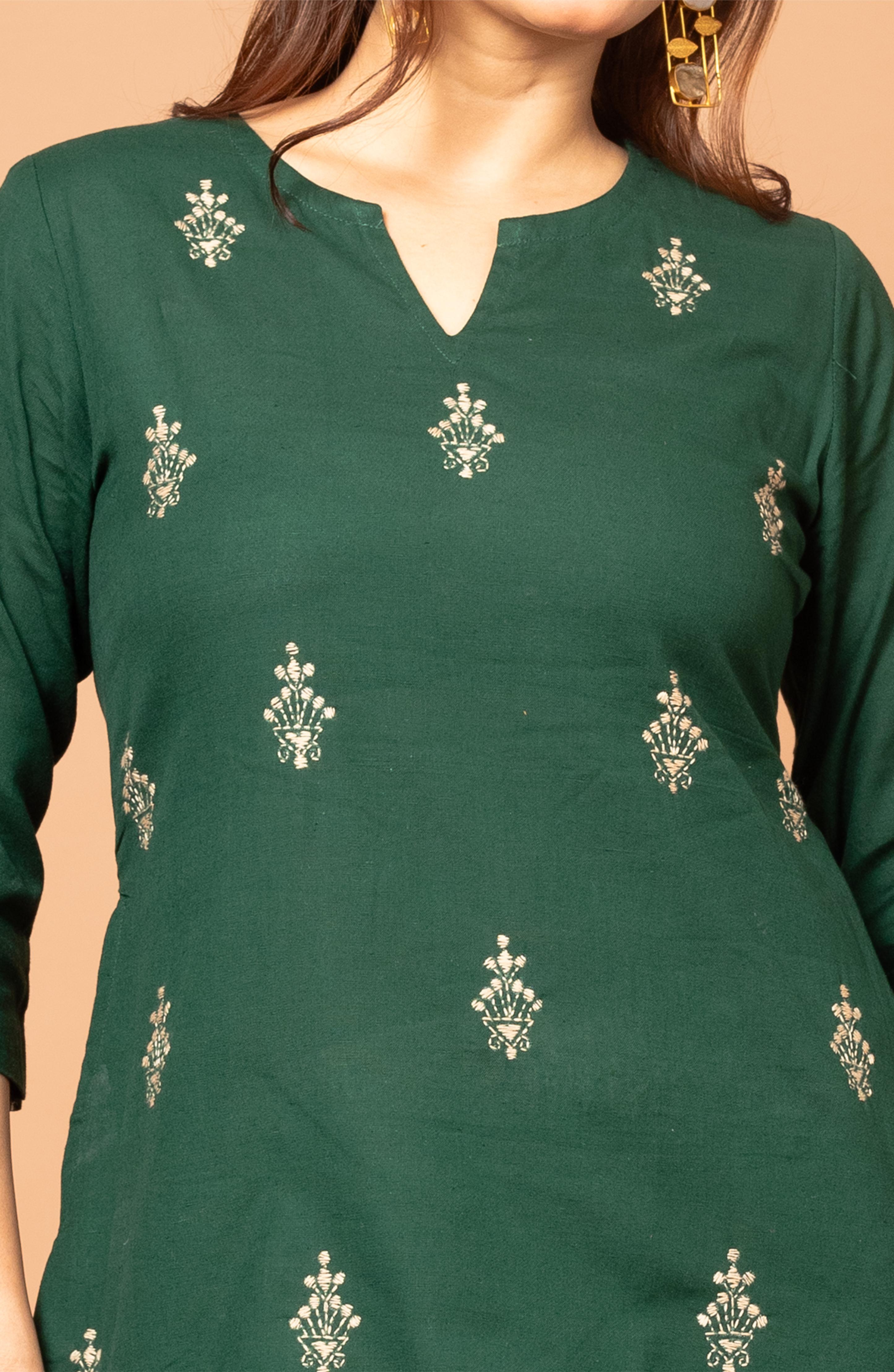 Forest Green Cotton Hand Embroidered Slim Fit Kurti