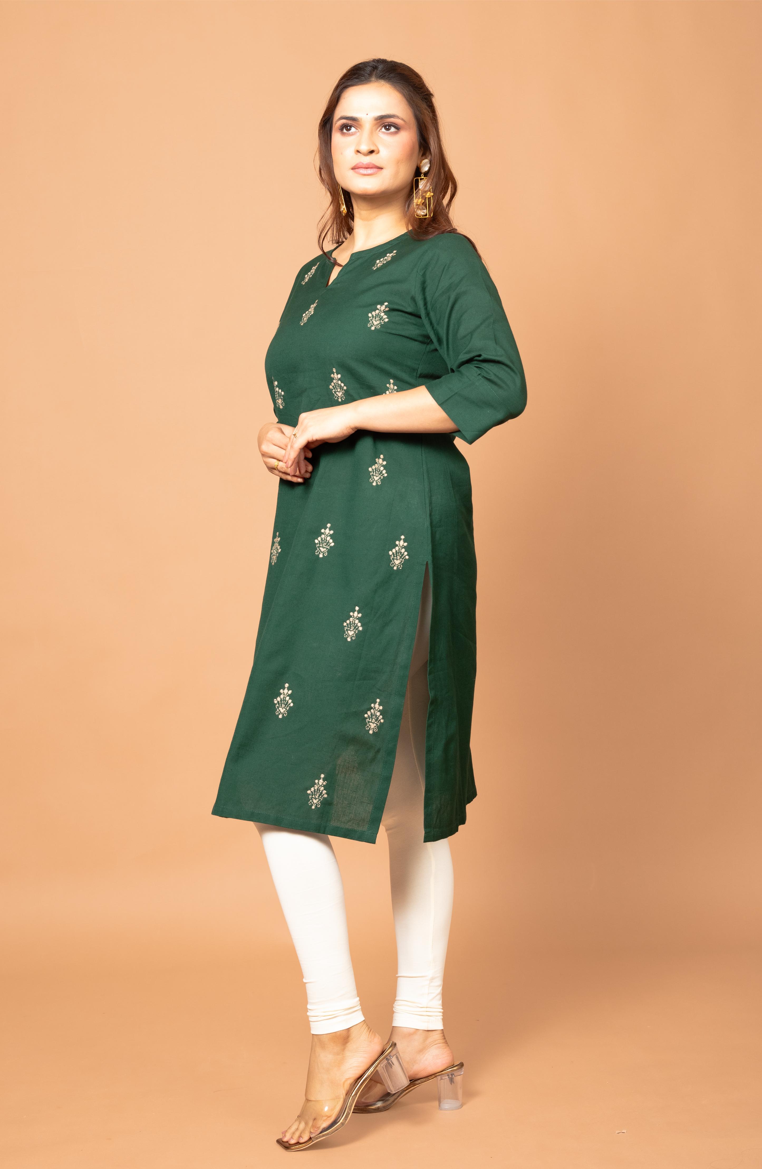 Forest Green Cotton Hand Embroidered Slim Fit Kurti