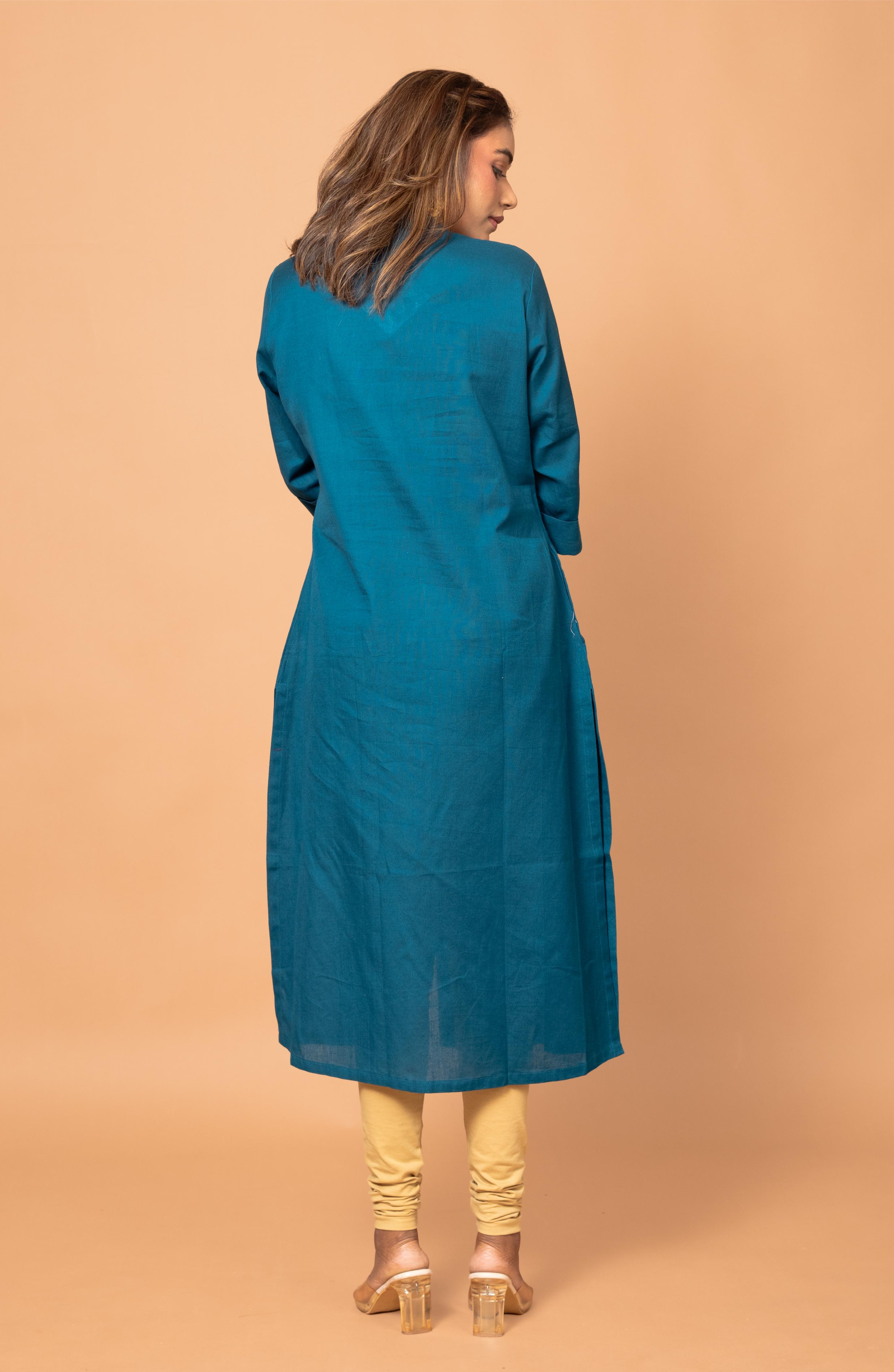 Blue Cotton Hand Embroidered Slim Fit Kurti
