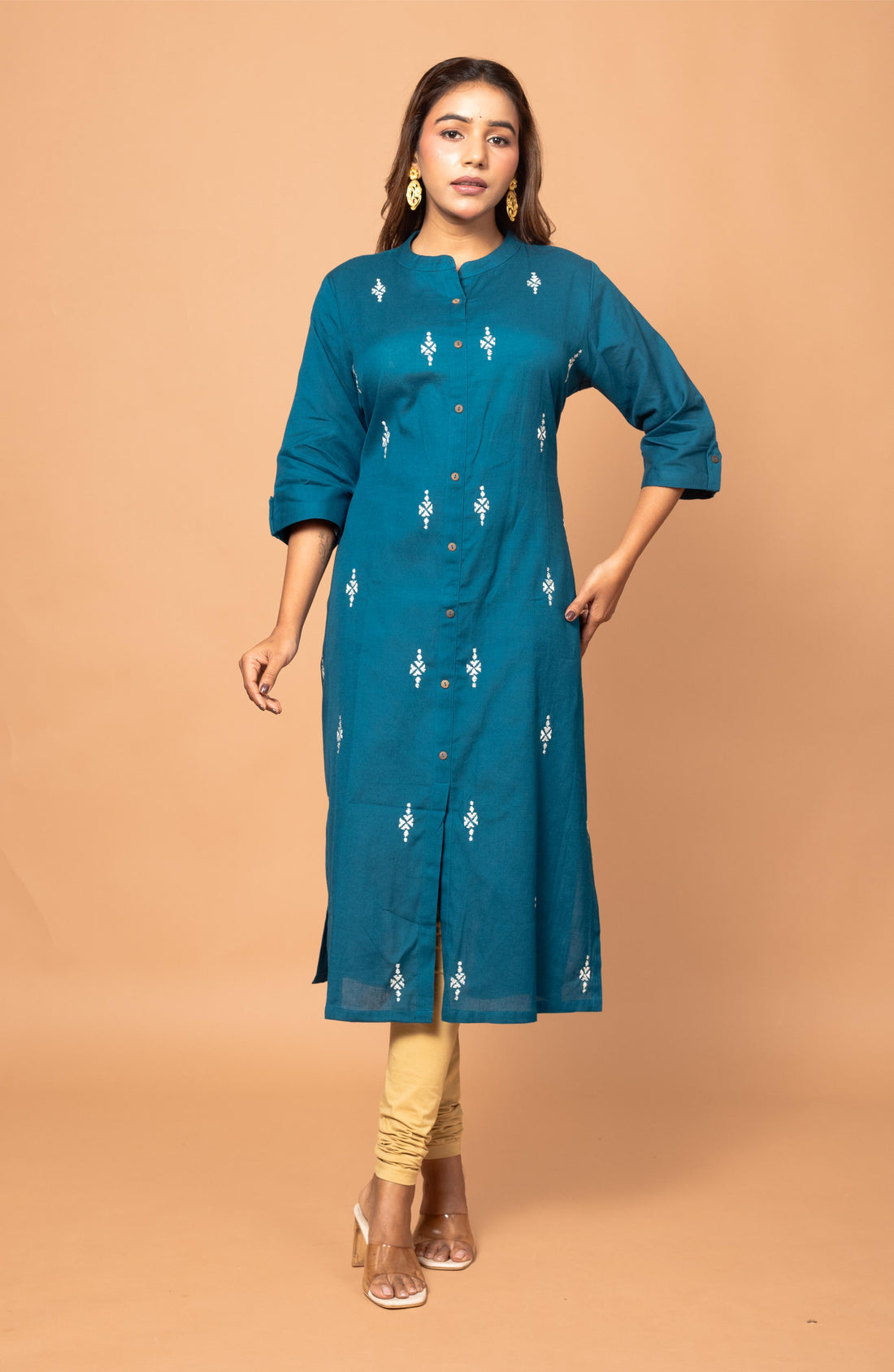 Blue Cotton Hand Embroidered Slim Fit Kurti