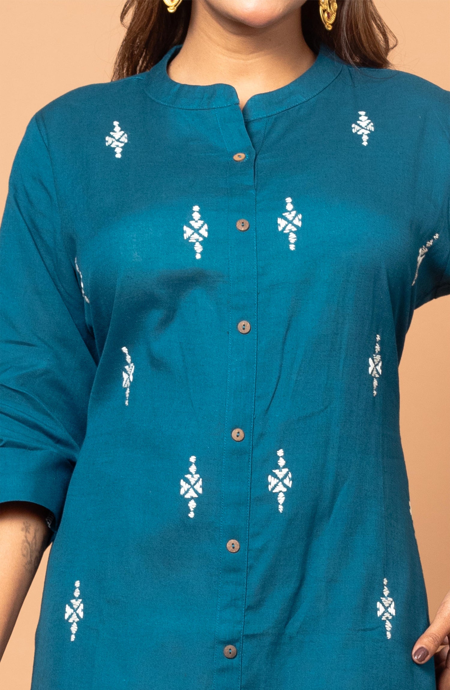 Blue Cotton Hand Embroidered Slim Fit Kurti