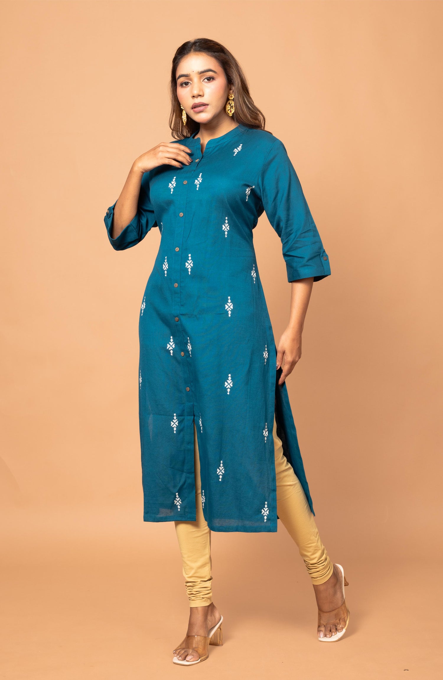 Blue Cotton Hand Embroidered Slim Fit Kurti