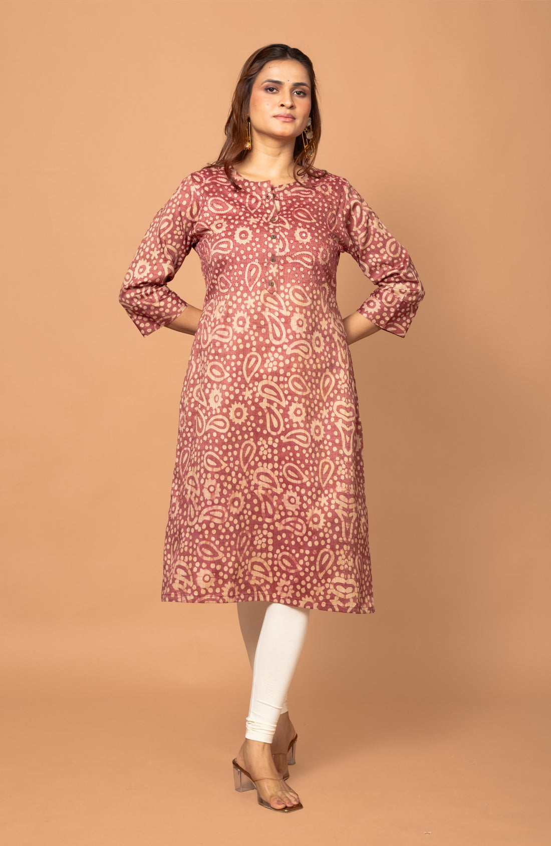 Magenta Block Print Viscose Hand Embroidered Slim Fit Kurti