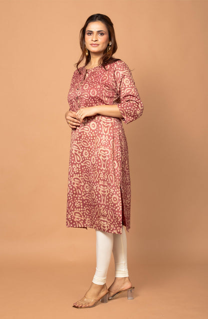 Magenta Block Print Viscose Hand Embroidered Slim Fit Kurti