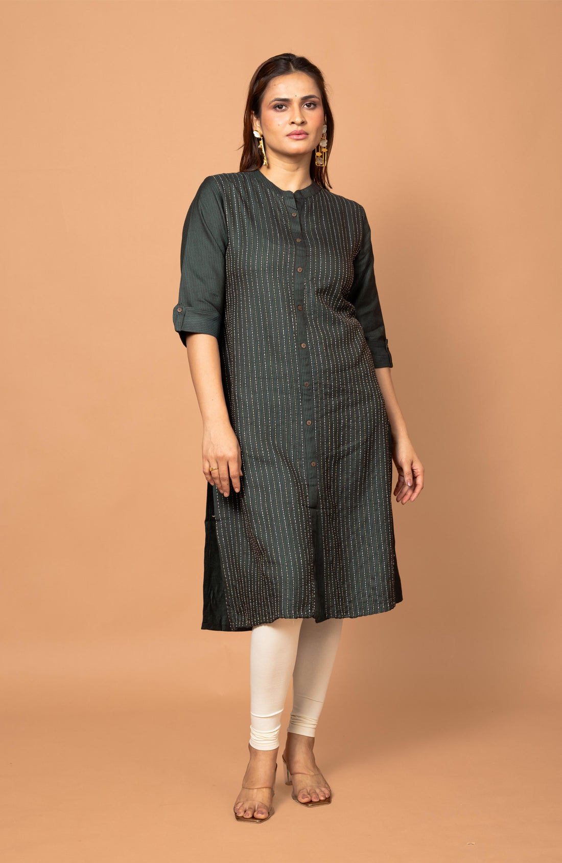 Green Silk Hand Embroidered Slim Fit Kurti