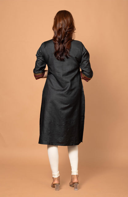 Black Silk Hand Embroidered Slim Fit Kurti