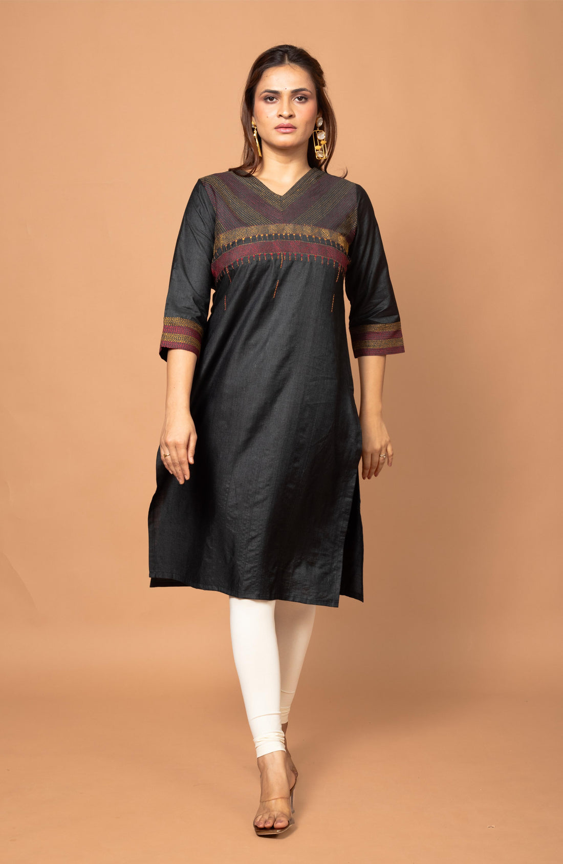 Black Silk Hand Embroidered Slim Fit Kurti