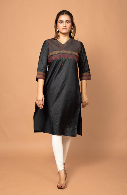 Black Silk Hand Embroidered Slim Fit Kurti