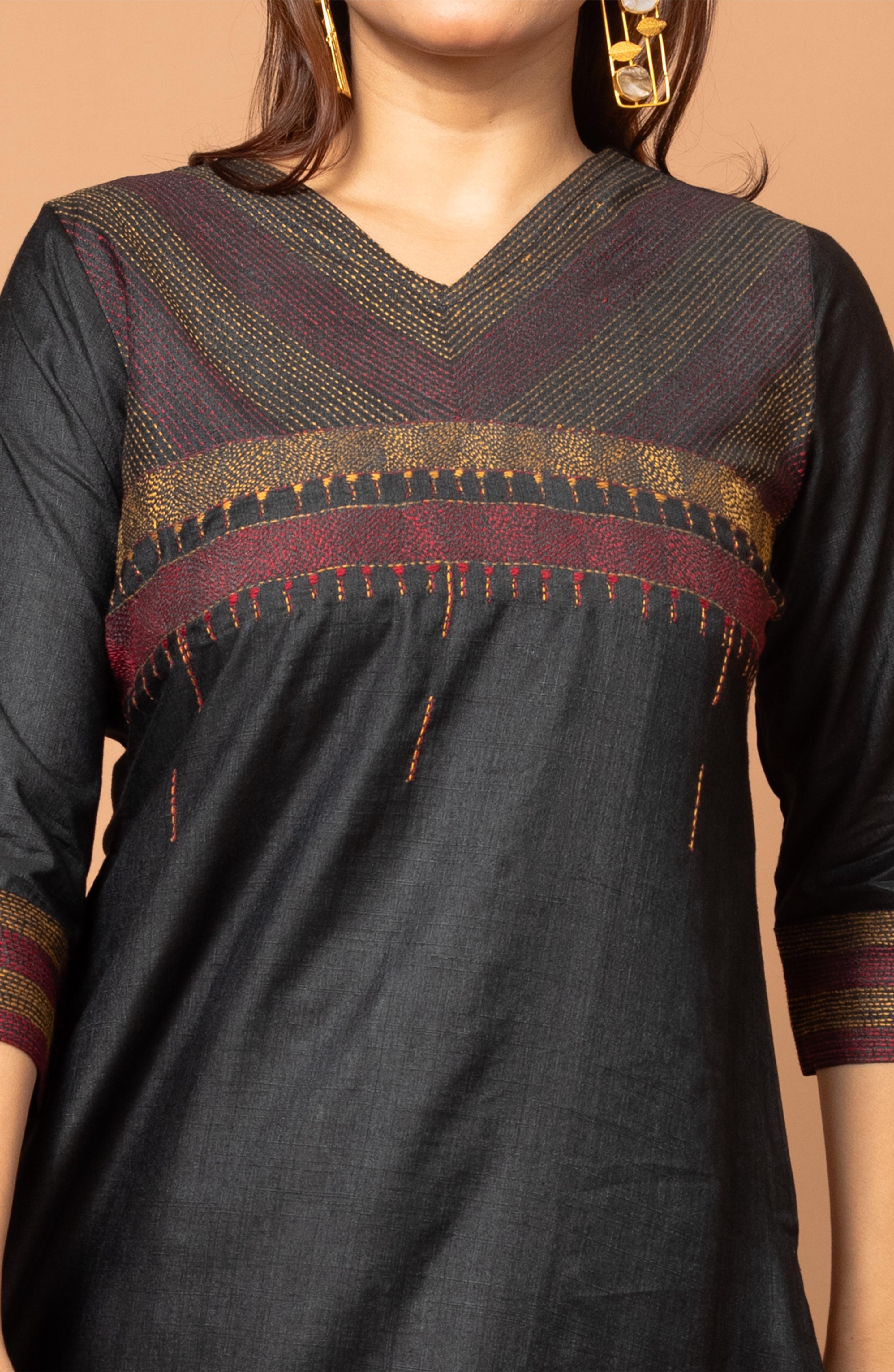 Black Silk Hand Embroidered Slim Fit Kurti