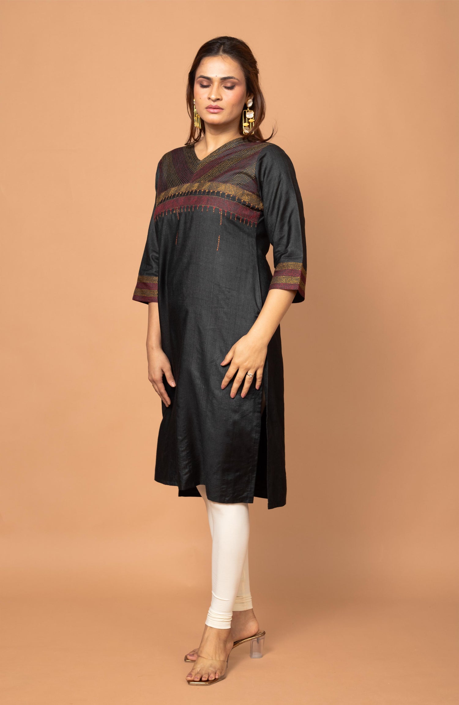Black Silk Hand Embroidered Slim Fit Kurti