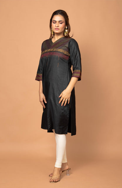 Black Silk Hand Embroidered Slim Fit Kurti