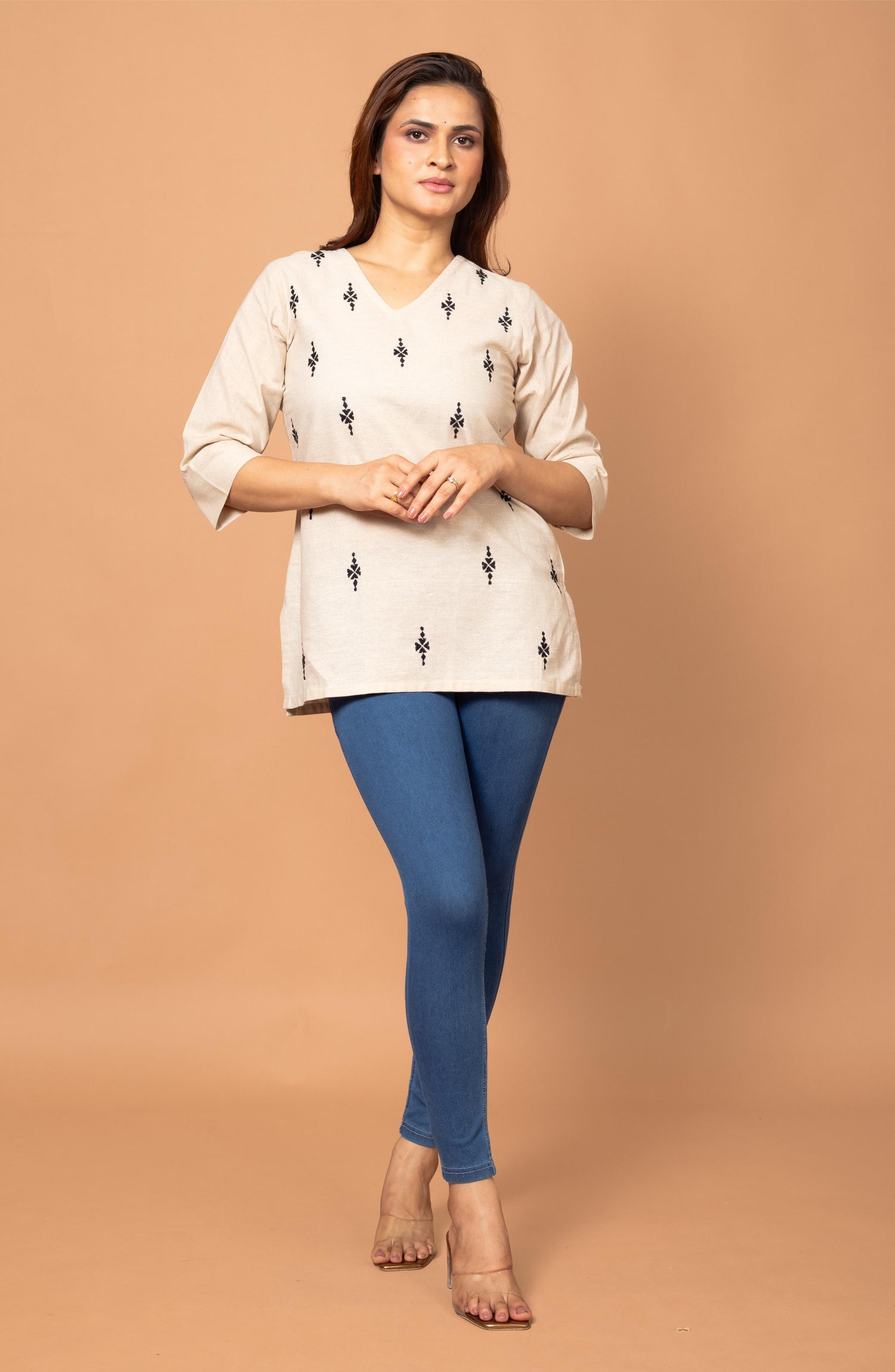 Cream Cotton Short Hand Embroidered Slim Fit Kurti