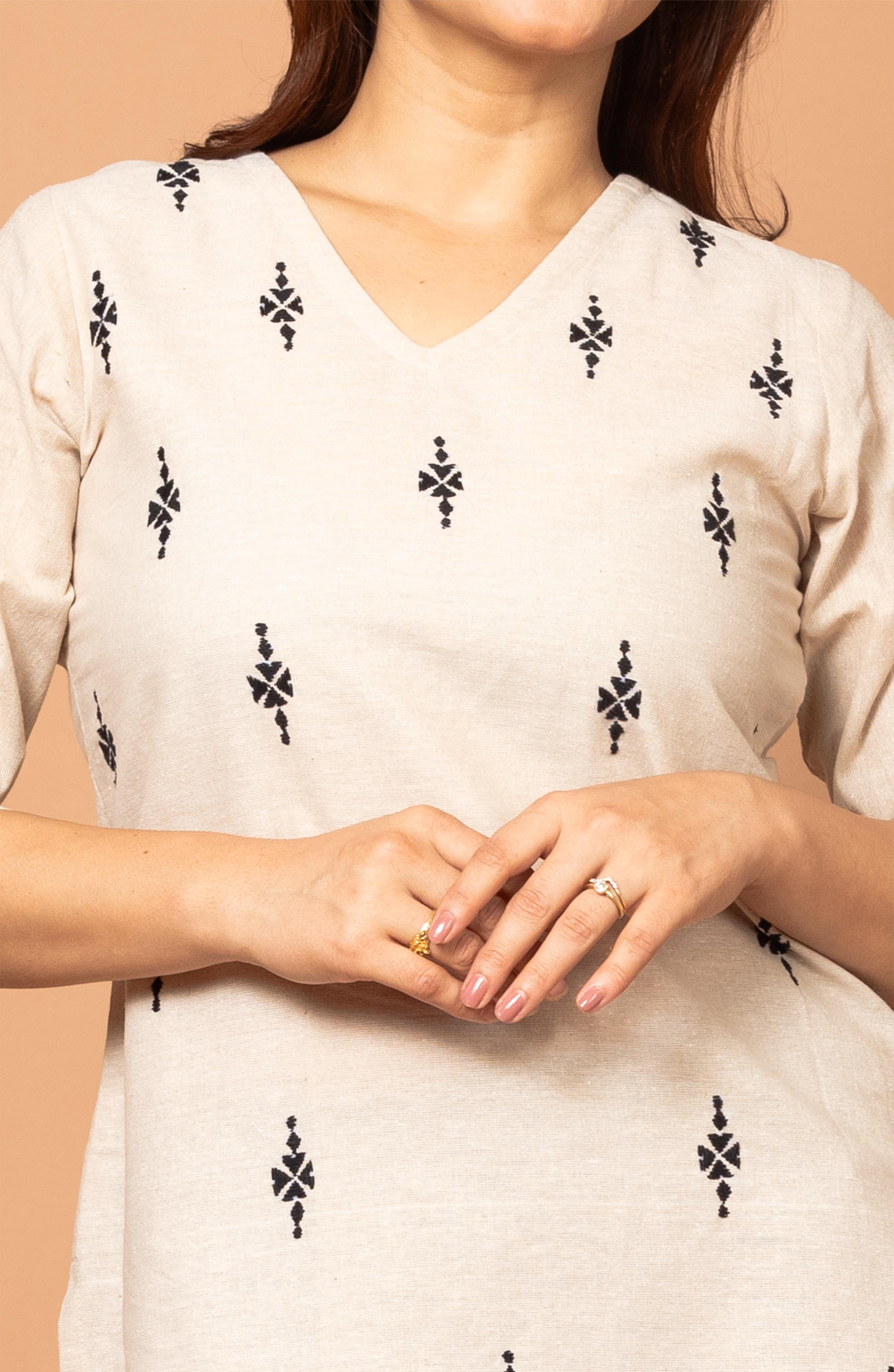 Cream Cotton Short Hand Embroidered Slim Fit Kurti