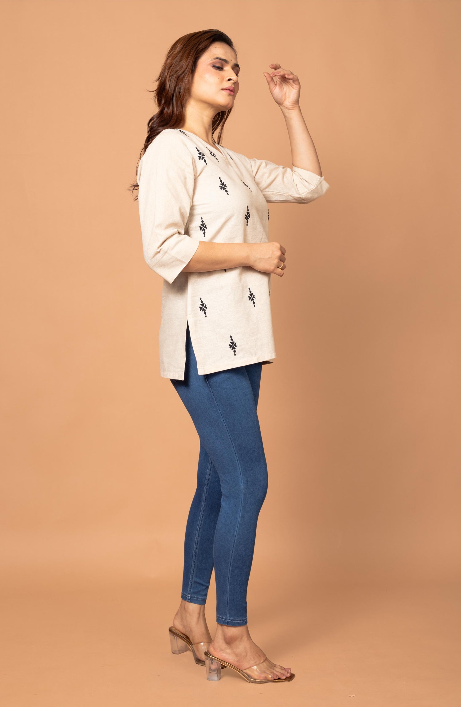 Cream Cotton Short Hand Embroidered Slim Fit Kurti