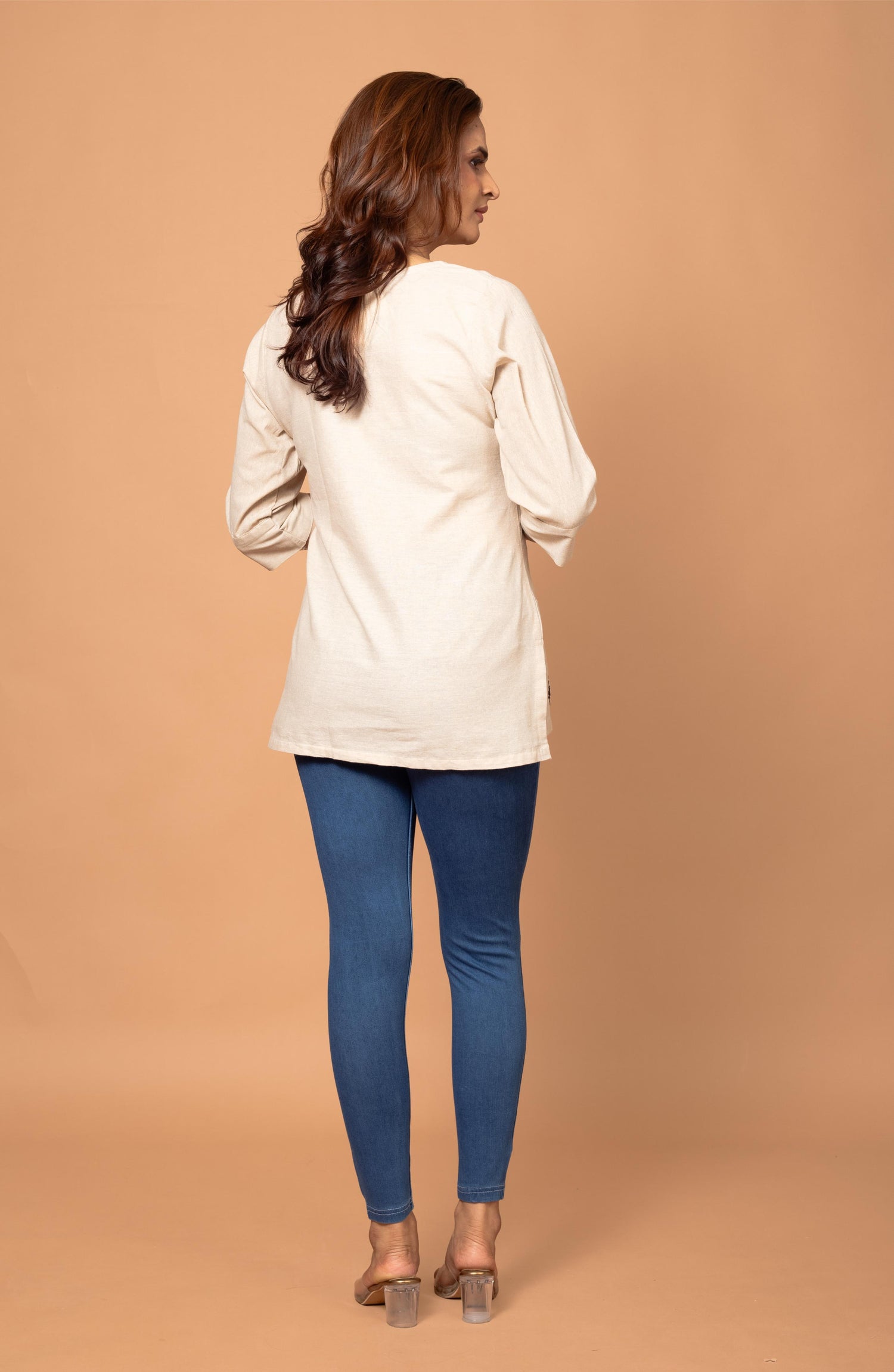 Cream Cotton Short Hand Embroidered Slim Fit Kurti