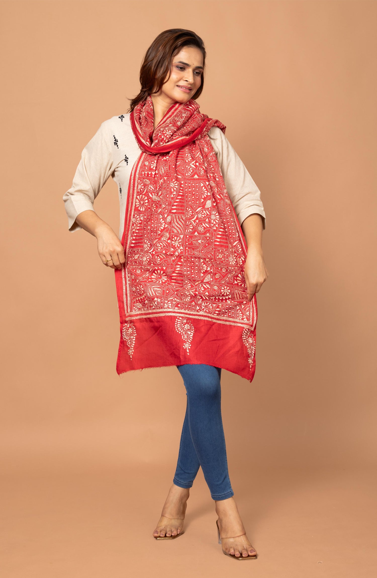 Red Floral Pure Silk Stole