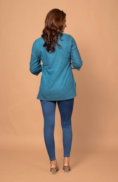 Deep Blue Cotton Short Hand Embroidered Slim Fit Kurti