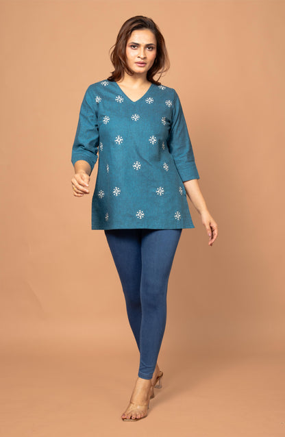 Deep Blue Cotton Short Hand Embroidered Slim Fit Kurti