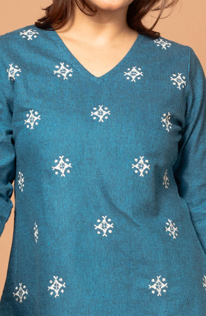 Deep Blue Cotton Short Hand Embroidered Slim Fit Kurti