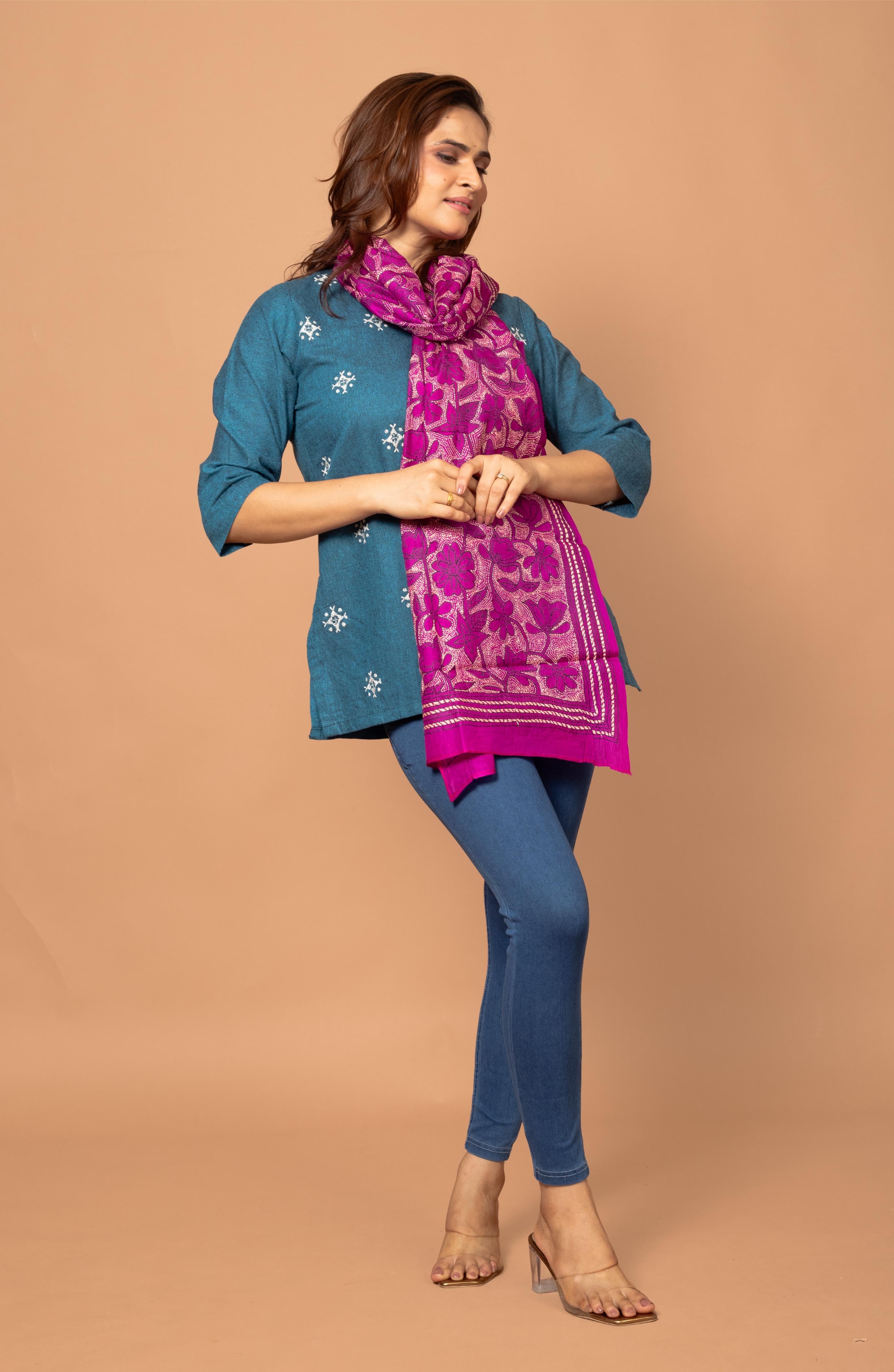 Dark Pink Floral Pure Silk Stole