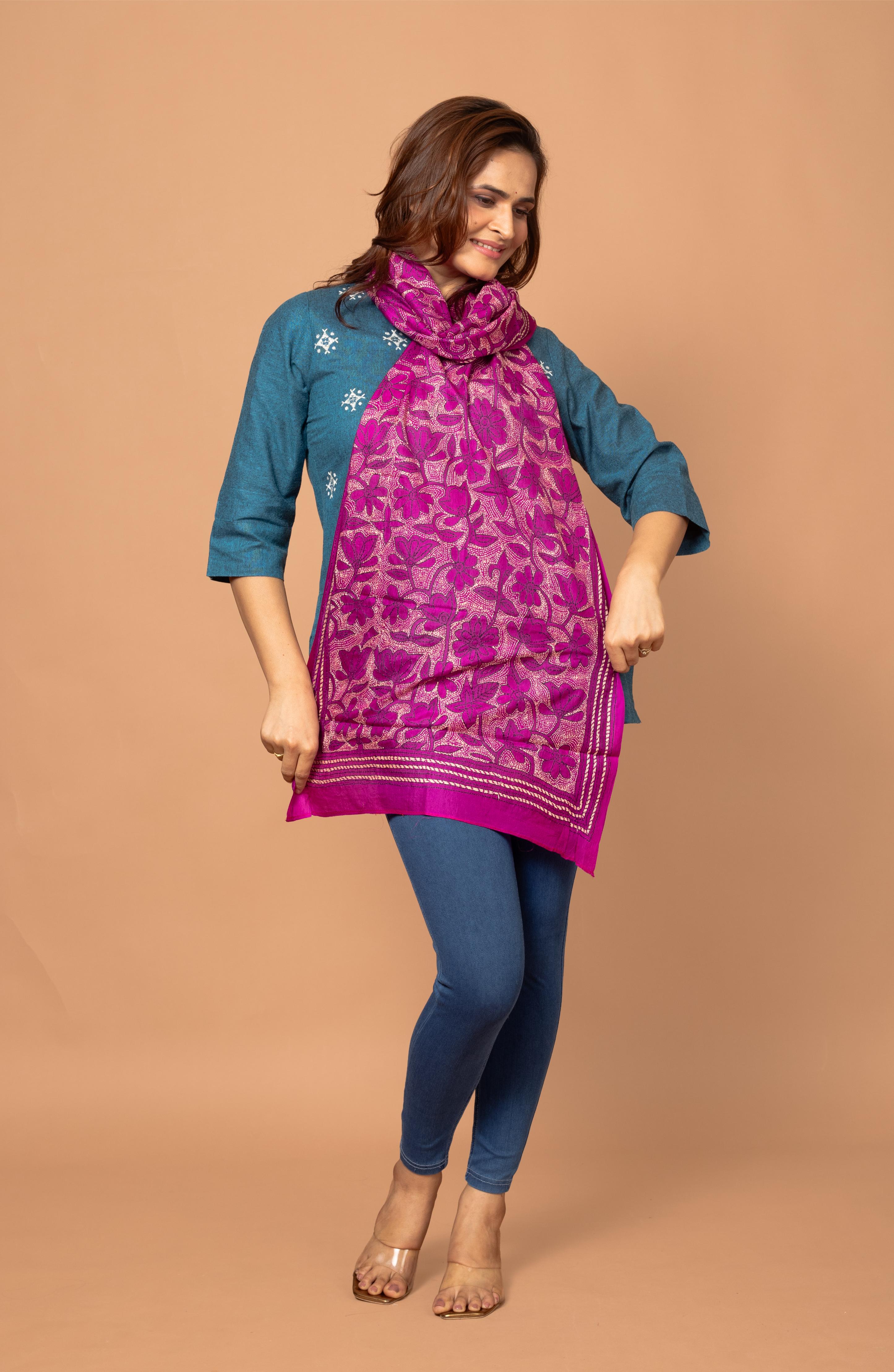 Dark Pink Floral Pure Silk Stole