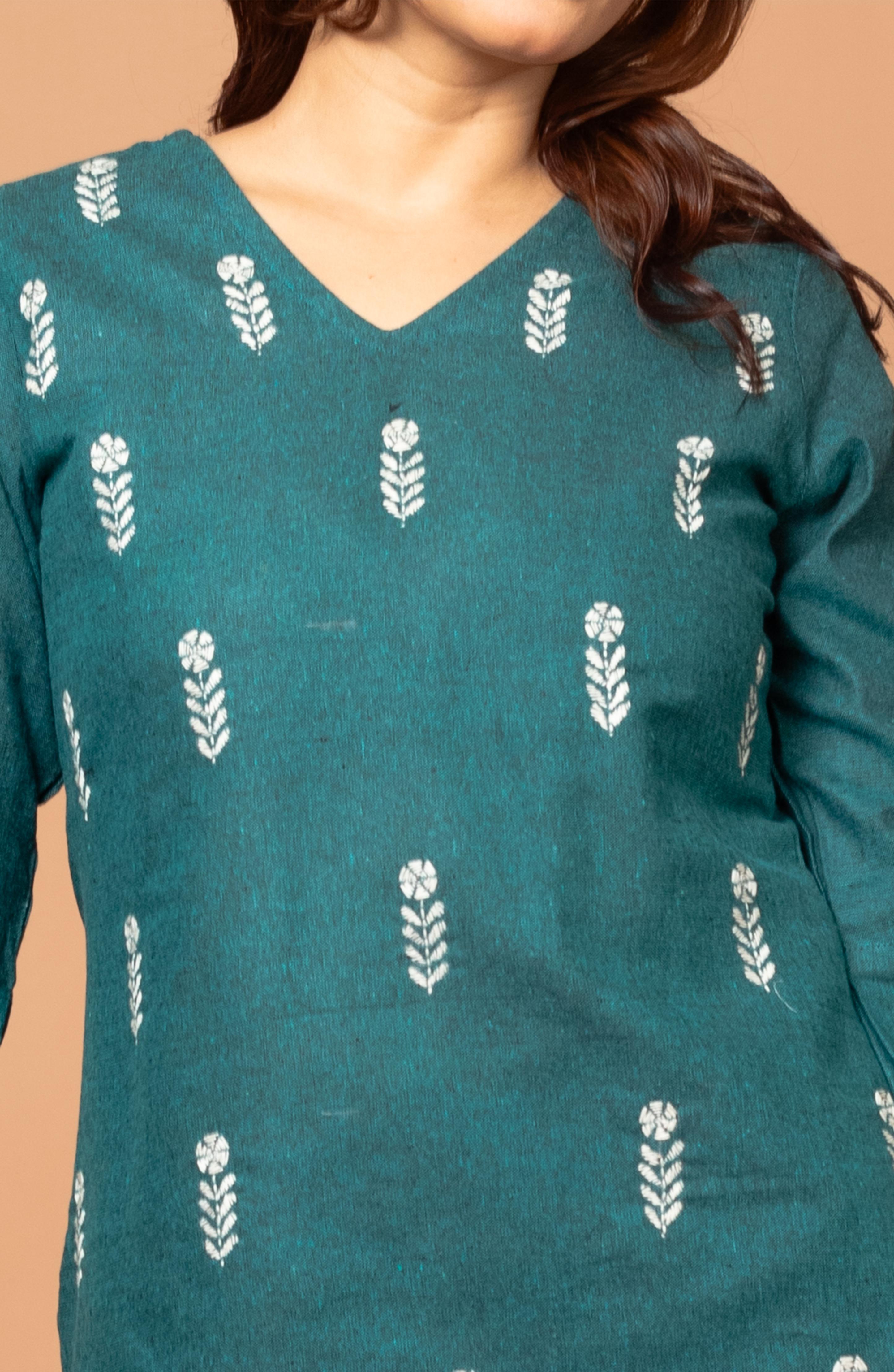 Forest Green Cotton Short Hand Embroidered Slim Fit Kurti