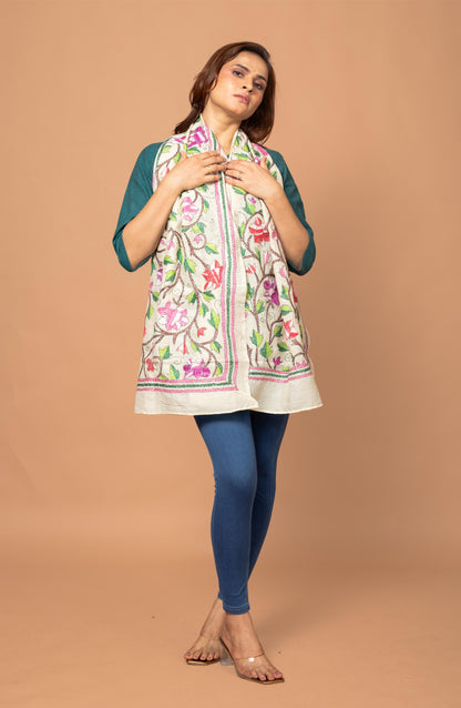 Cream Nakshi Floral Stole - 2