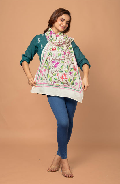 Cream Nakshi Floral Stole - 2