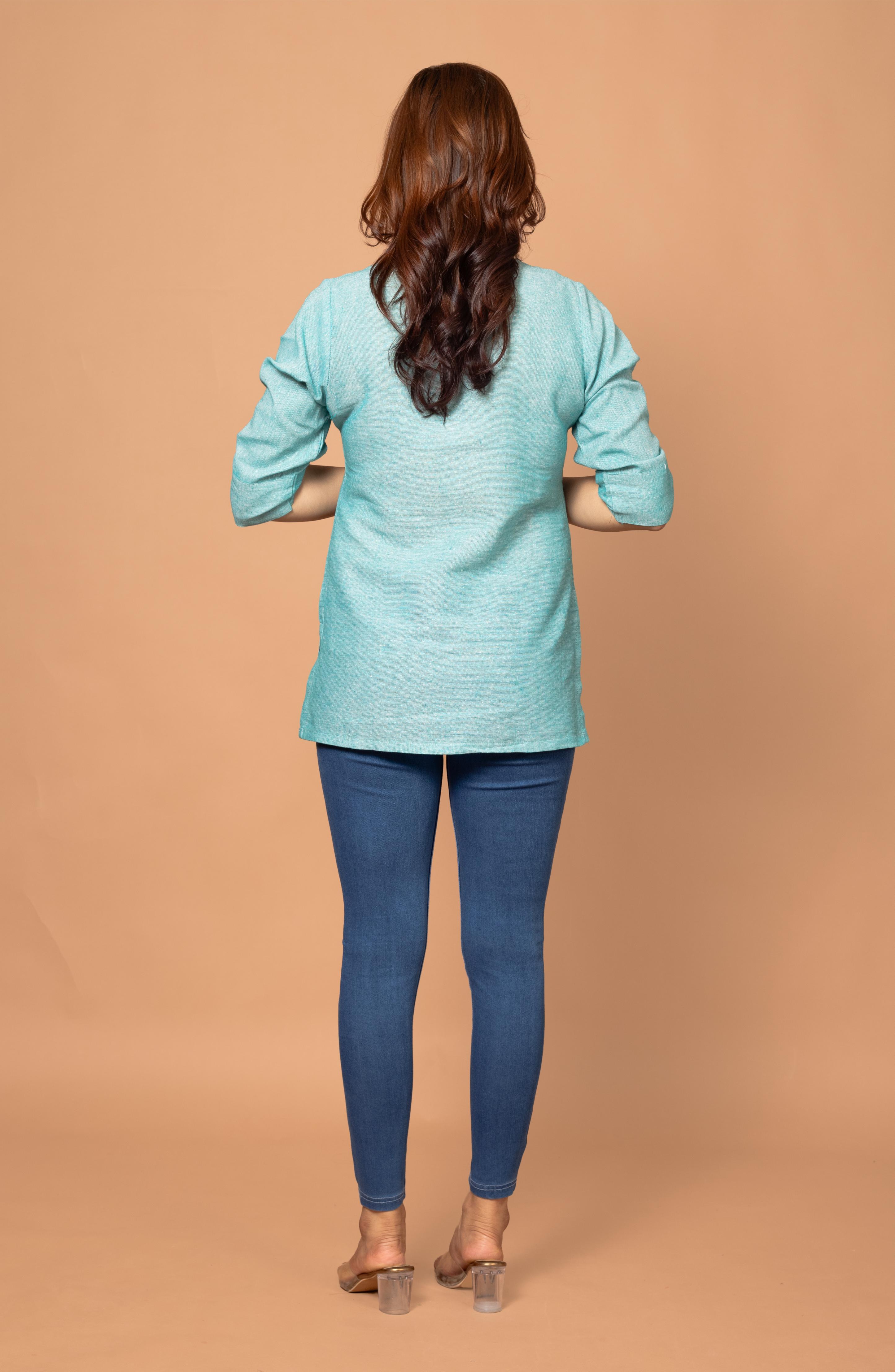 Mint Green Cotton Short Hand Embroidered Slim Fit Kurti