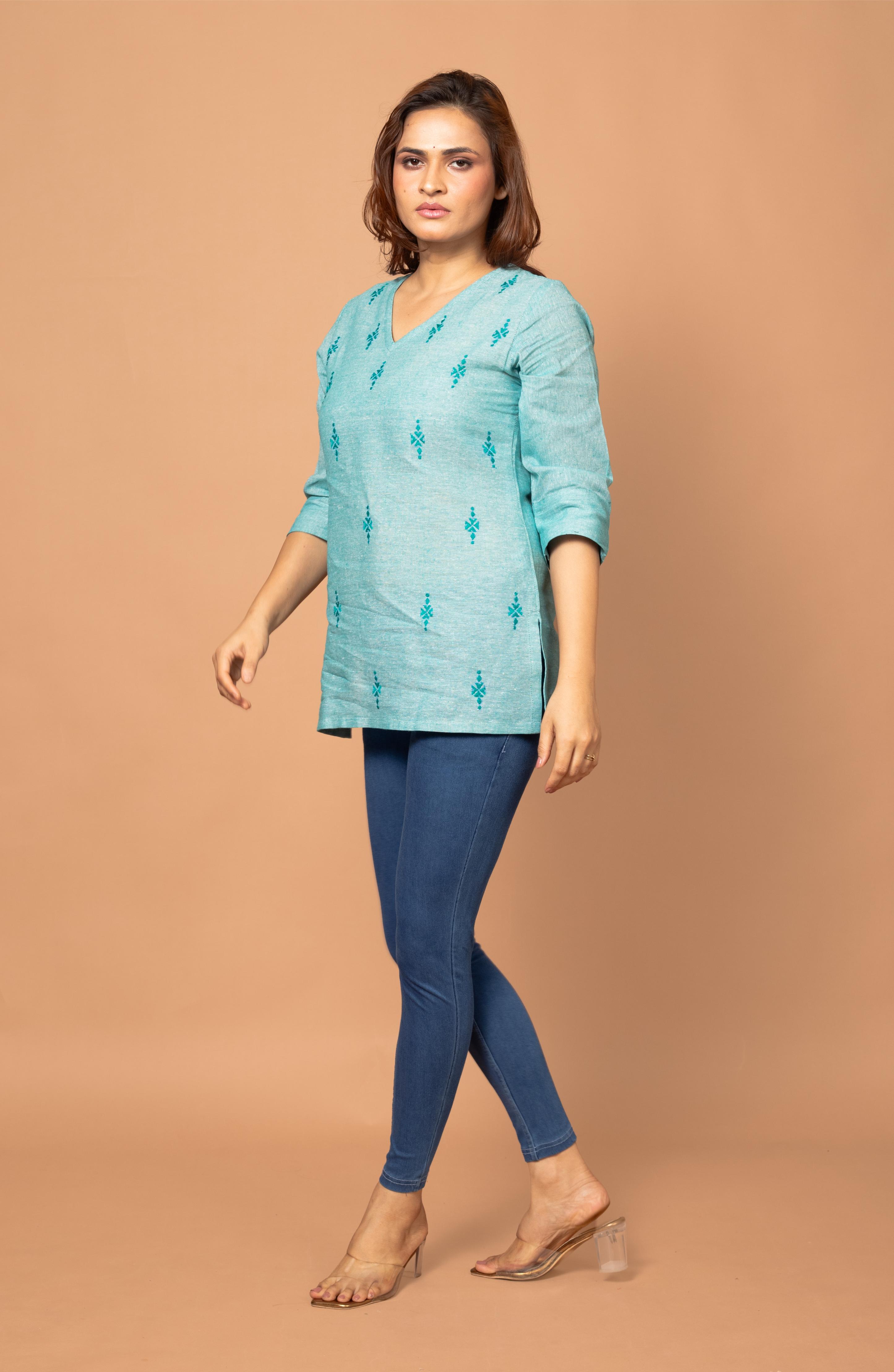 Mint Green Cotton Short Hand Embroidered Slim Fit Kurti