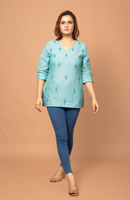 Mint Green Cotton Short Hand Embroidered Slim Fit Kurti