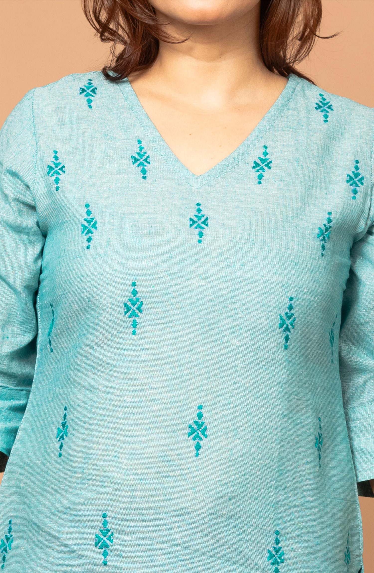 Mint Green Cotton Short Hand Embroidered Slim Fit Kurti