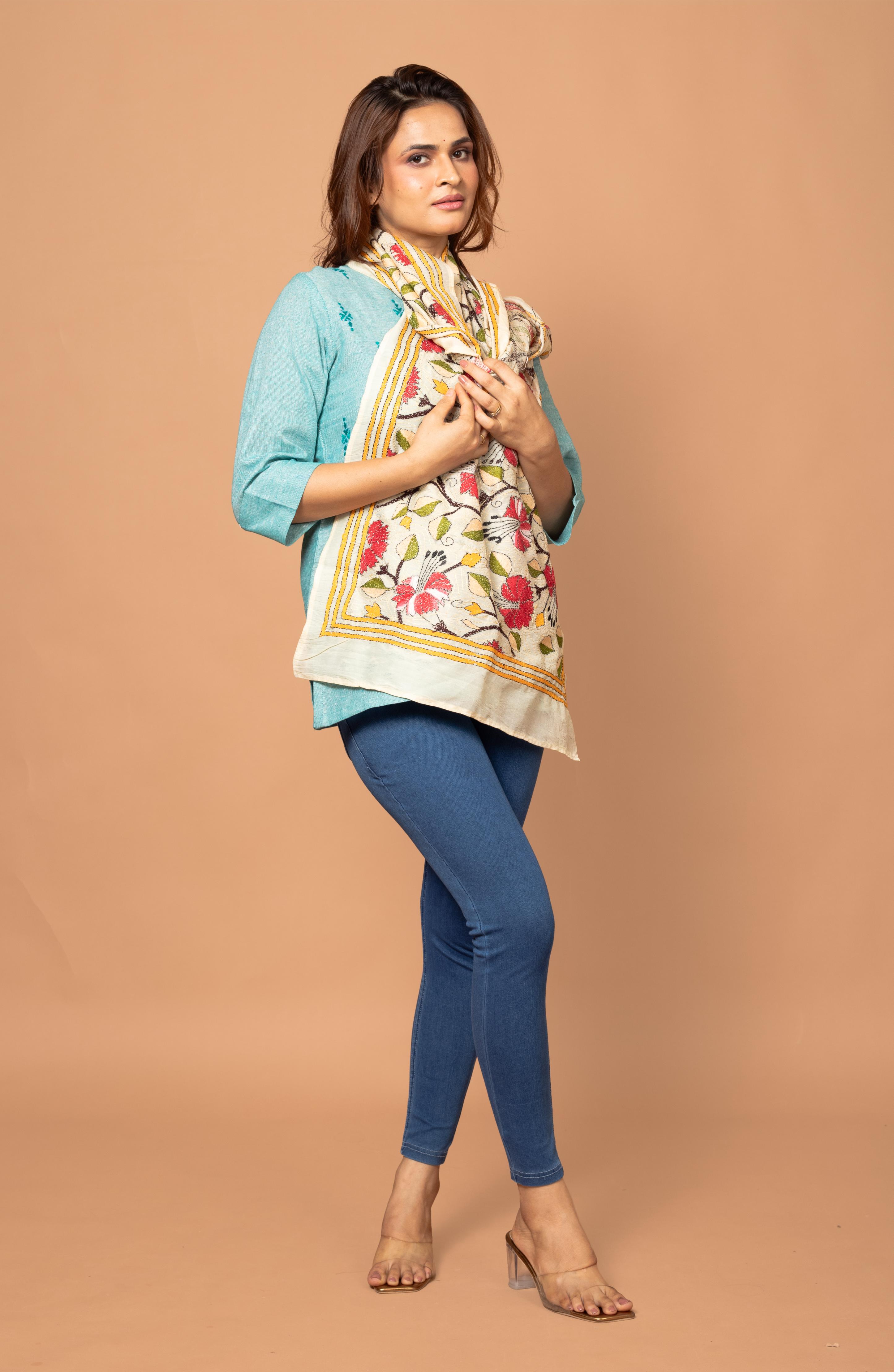 Cream Nakshi Floral Stole