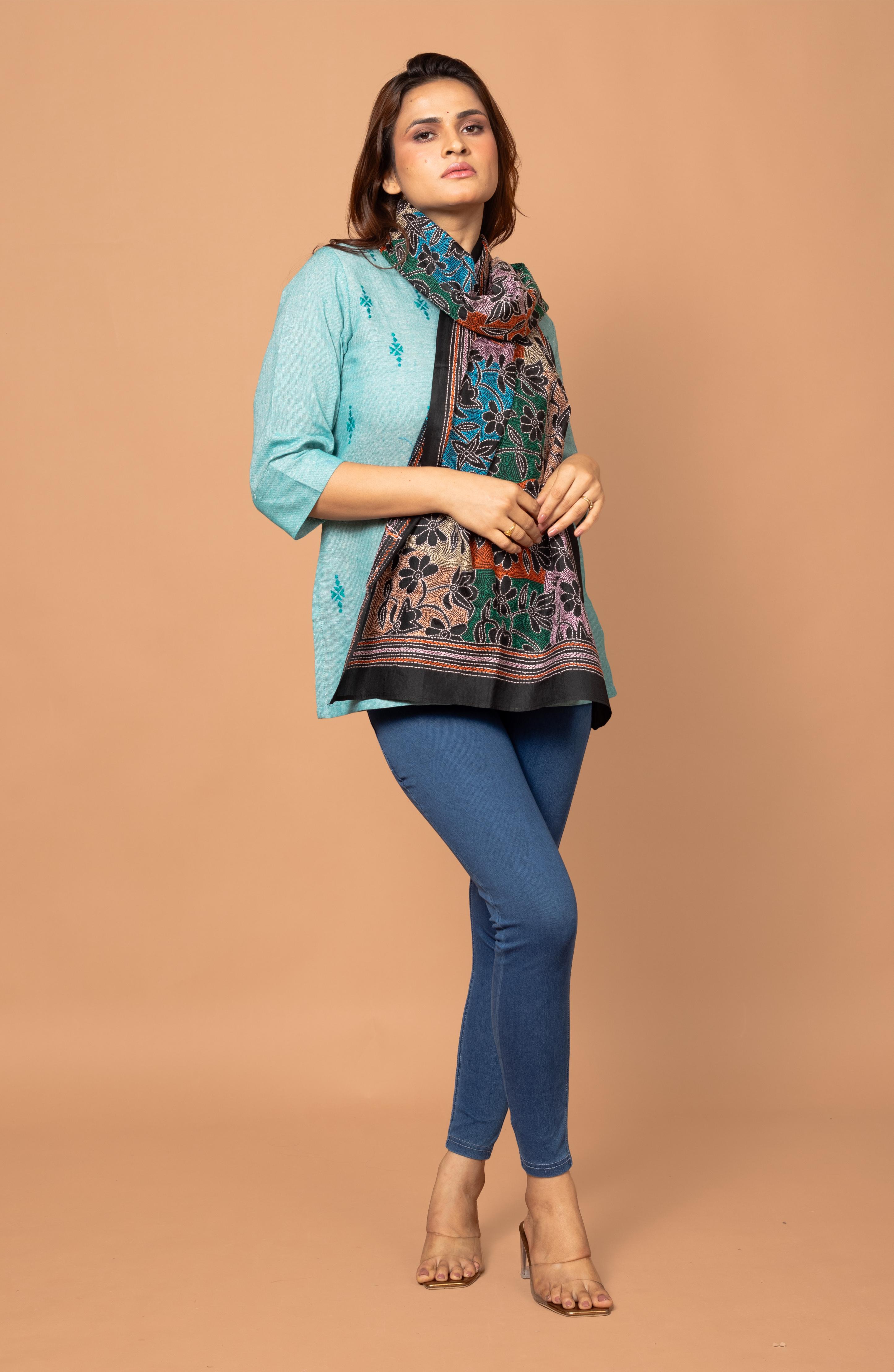 Black Floral Pure Silk Stole