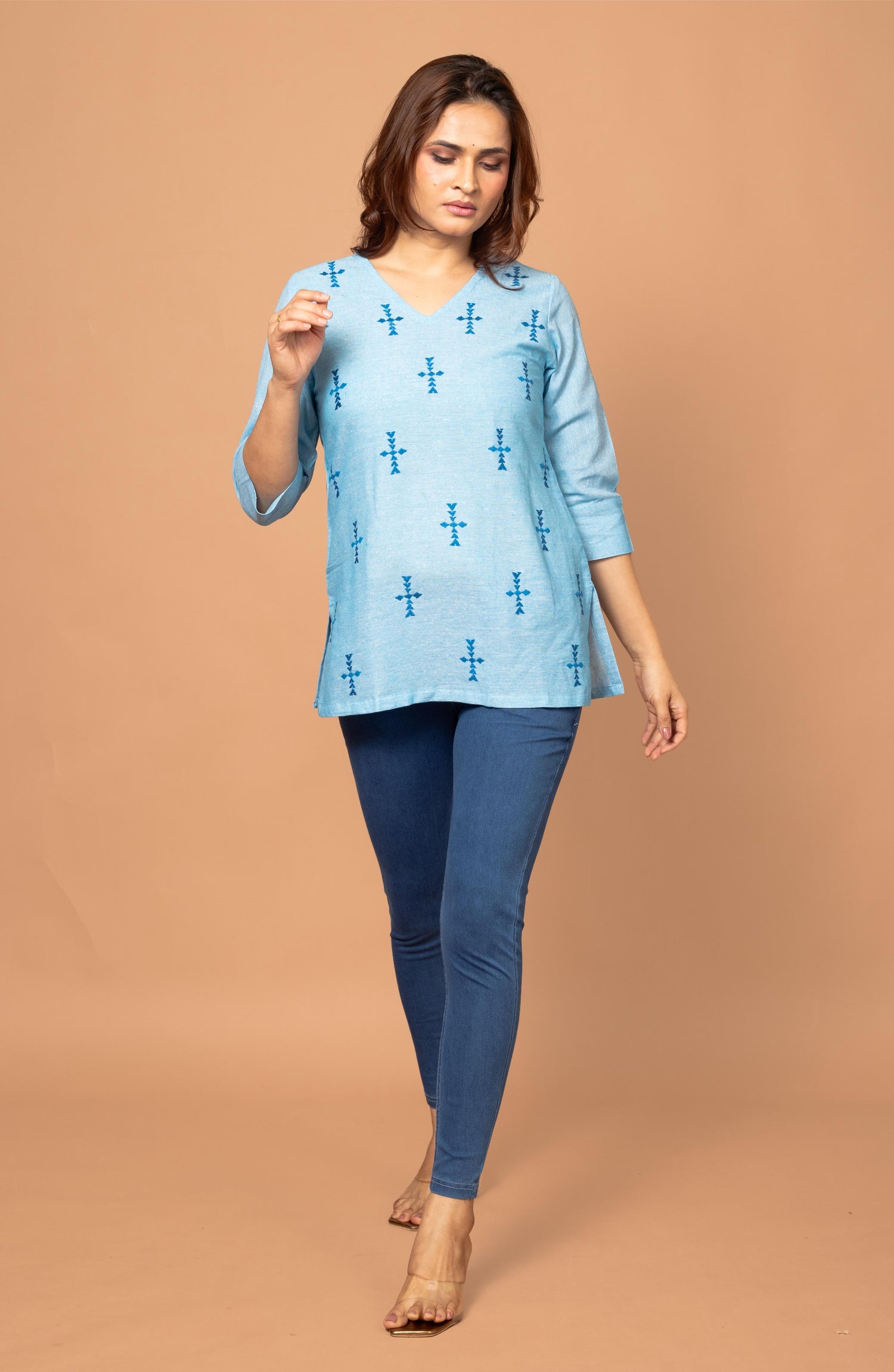 Light Blue Cotton Short Hand Embroidered Slim Fit Kurti