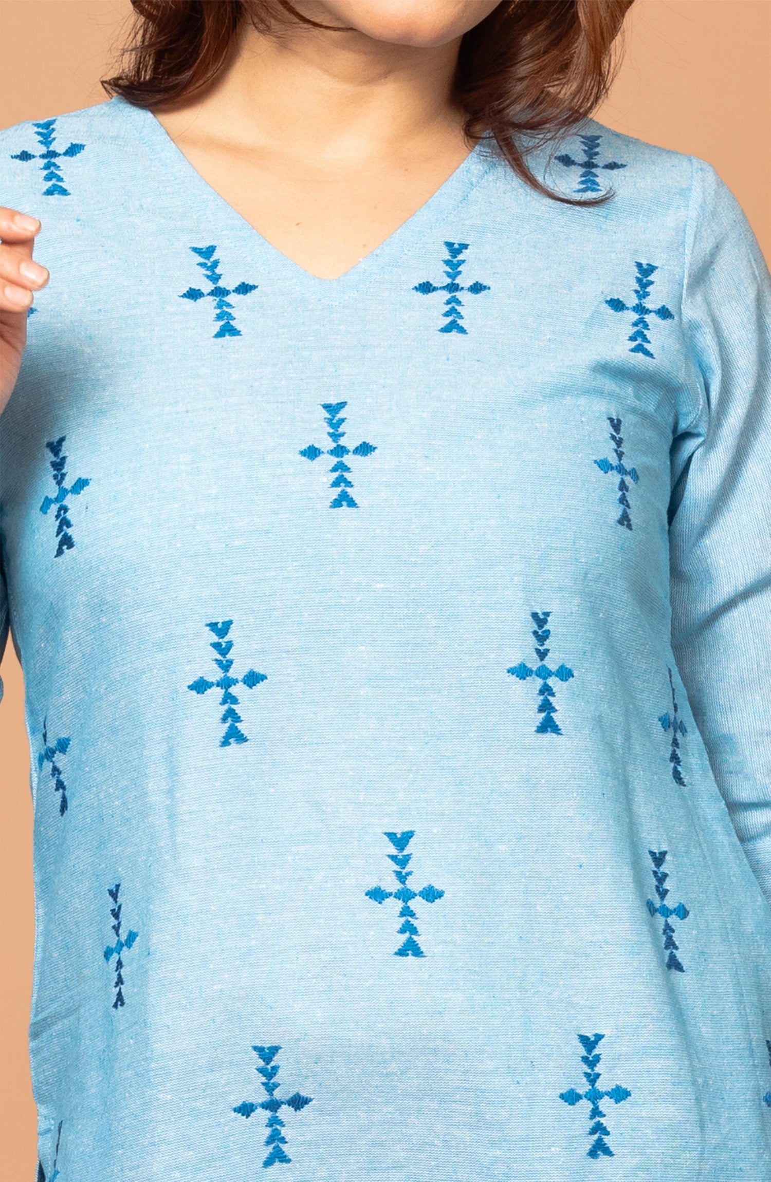 Light Blue Cotton Short Hand Embroidered Slim Fit Kurti