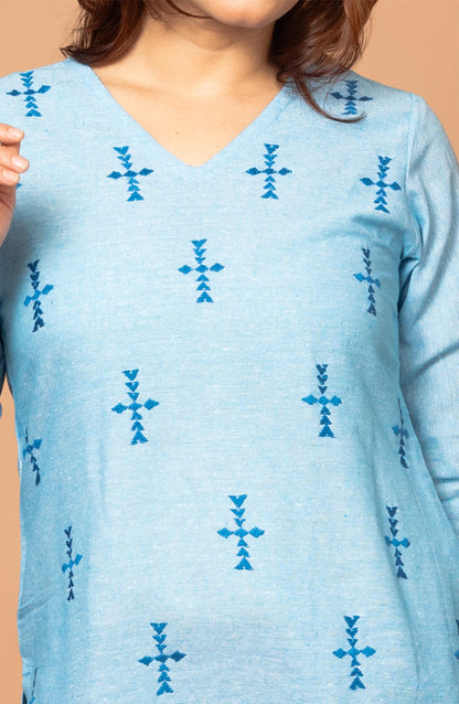 Light Blue Cotton Short Hand Embroidered Slim Fit Kurti