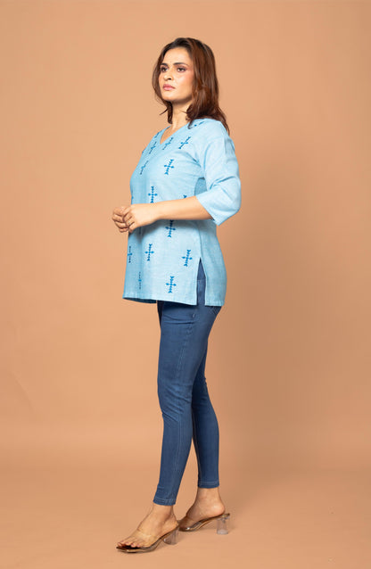 Light Blue Cotton Short Hand Embroidered Slim Fit Kurti