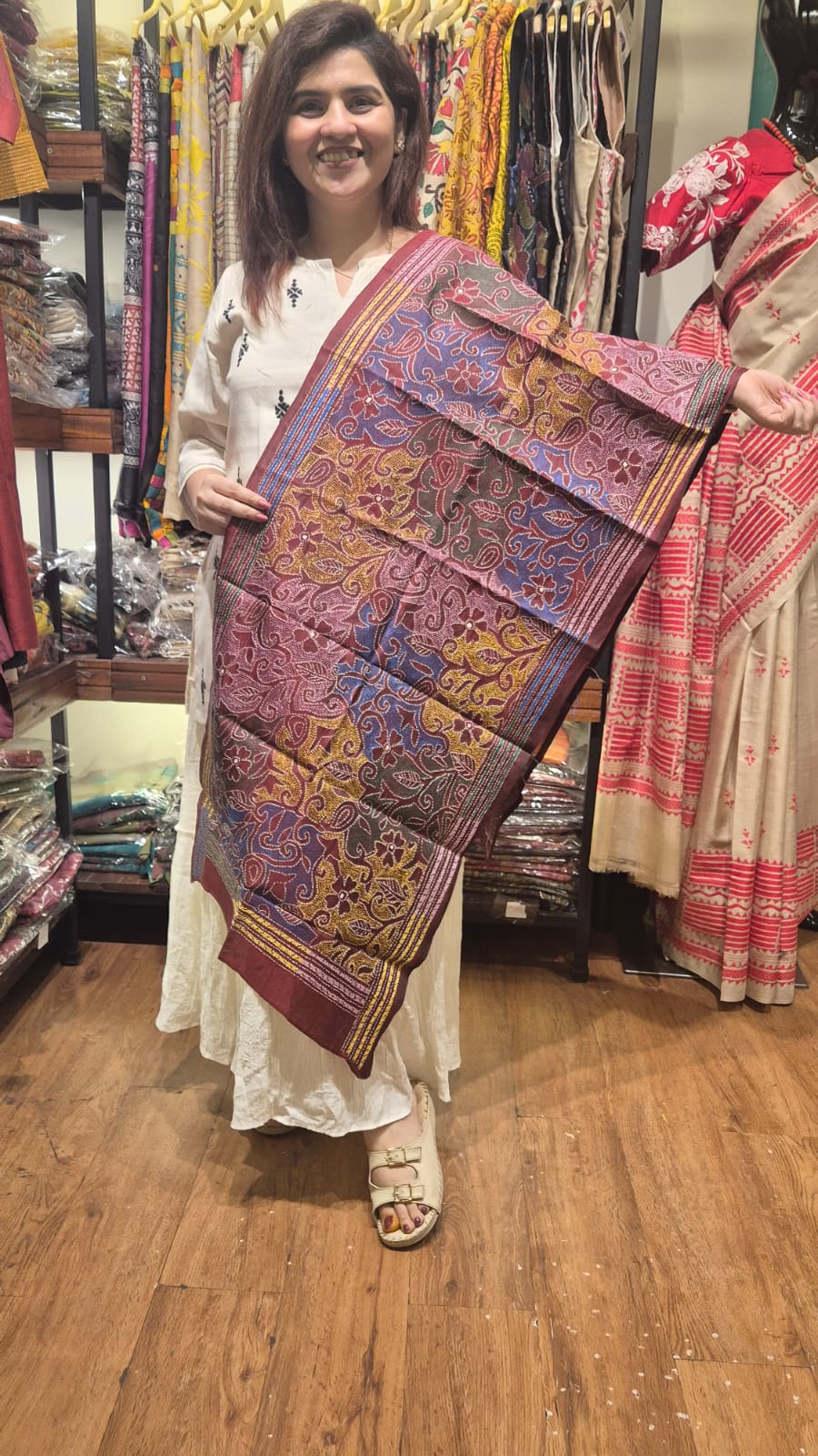 Maroon Multicolour Kantha Silk Stole