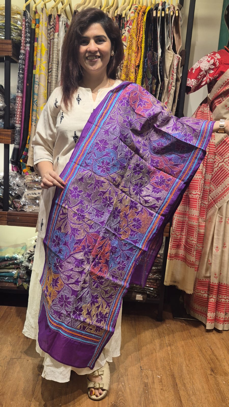 Purple Multicolour Kantha Silk Stole