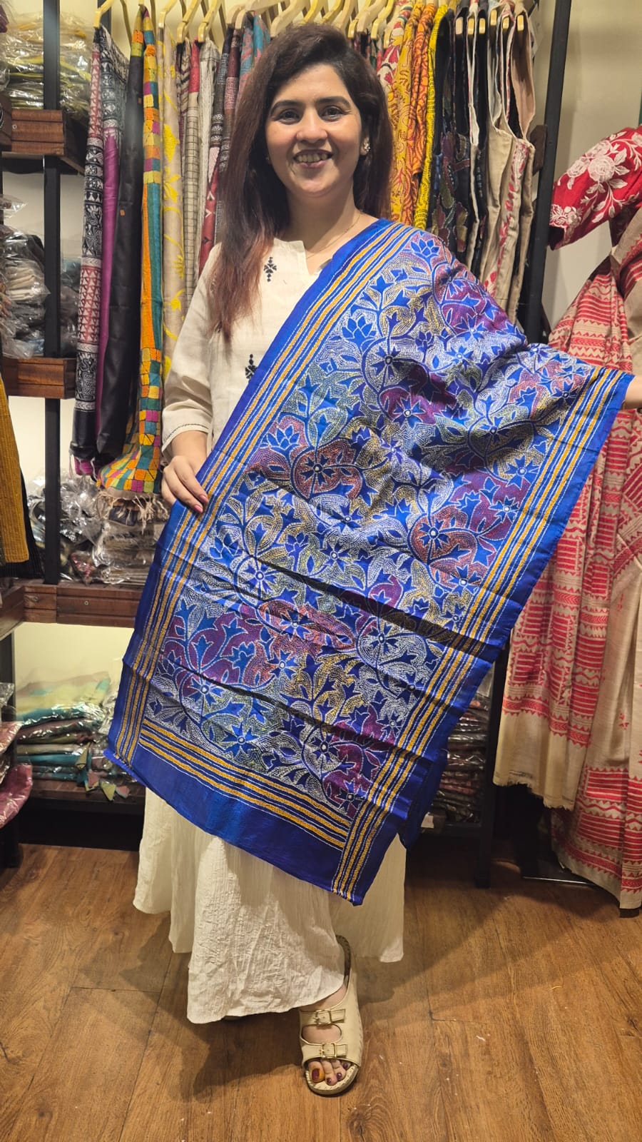 Royal Blue Multicolour Kantha Silk Stole